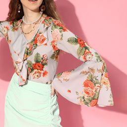 SASSAFRAS Grey & Red Floral Print Ruffles Crop Top-picture-18
