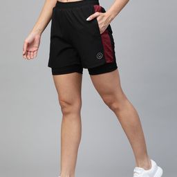 CHKOKKO Women Black Side Panelled Regular Fit Double Layered Running Shorts-8