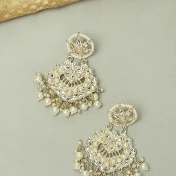 Oomph Kundan & Pearls Jadau White Chandbali Earrings-44