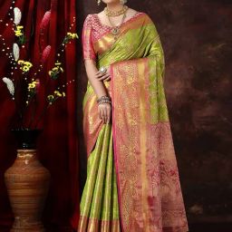 JUST FASHION Green & Pink Silk Zari Work Saree With Unstitched Blouse-picture-32