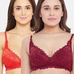 N-Gal Maroon & Red Lace Work Half Coverage Bras - Pack Of 2-image-76