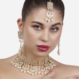 Zaveri Pearls Gold Tone Kundan Crescent Drop Choker Necklace Earring Maangtikka & Ring Set-ZPFK13425-0