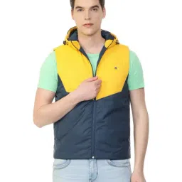 Louis Philippe Navy & Yellow Regular Fit Colour Block Hooded Jacket-1