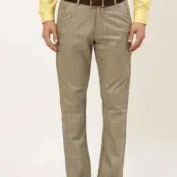 Sojanya Olive Cotton Regular Slim Fit Checks Flat Front Trousers-image-96