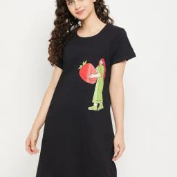 Clovia Black Graphic Print Night Dress-image-60