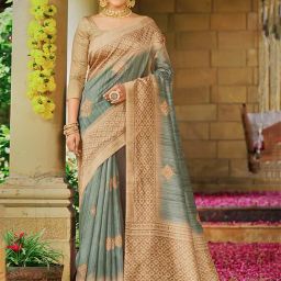 Saree Mall Grey Silk Printed Saree With Unstitched Blouse-picture-7