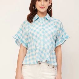 Moomaya Light Blue & White Cotton Checks Peplum Top-image-72