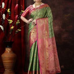 JUST FASHION Green & Pink Silk Zari Work Saree With Unstitched Blouse-picture-11