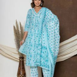 Rangita Blue Cotton Embroidered 3/4th sleeve Kurta Sets-image-53