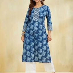 Fabindia Blue Cotton Slim Fit Floral Print Kurtas-picture-17