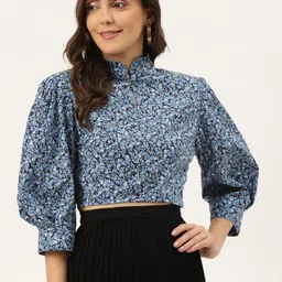 Rue Collection Black & Blue Floral Print Mandarin Collar Shirt Style Crop Top-image-76