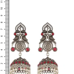 Aatmana Red Stone-Studded & Pearl Beaded Peacock Shaped Temple Jhumki Earrings image 4