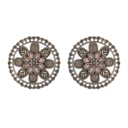 Aatmana Pink & Silver-Plated & Oxidized Textured Floral Stud Earrings image 4