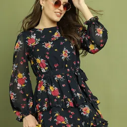 La Zoire Floral Printed Layered Georgette Fit & Flare Dress-picture-11