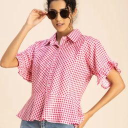 Moomaya Pink Cotton Checks Peplum Top-image-70