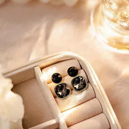 Adornity Women Black Gold-Toned Dual Crystal Stud Earrings-7