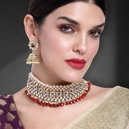 Peora Wedding Kundan Faux Pearl Choker Necklace Earring Set-image-73
