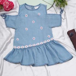 Creative Kid's Girls Light Blue Denim Floral Dress-image-84