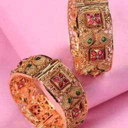 Saraf RS Jewellery Statement Gold Plated Red & Green Stone Studded Openable Bangles - Set of 2-image-38
