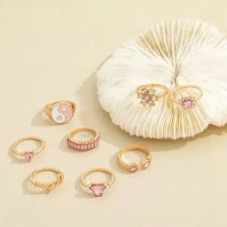 Aatmana Set Of 8 Pink Stone Studded & Gold Plated Finger Rings-16