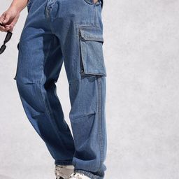 WROGN Men Loose Cargo Fit Mid-Rise Light Fade Stretchable Pure Cotton Jeans-image-38
