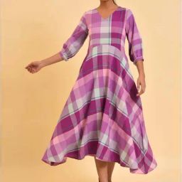 W Purple Cotton Chequered A-Line Dress-image-24