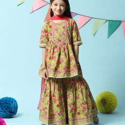 BIBA Girls Lime Green & Pink Floral Print Kurta, Sharara with Dupatta-image-74