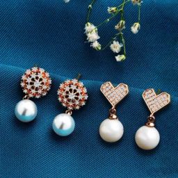 Zaveri Pearls Set of 2 Rose Gold Cubic Zirconia Contemporary Drop Earrings - ZPFK13448-picture-43