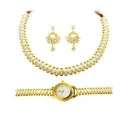 Sri Jagdamba Pearls Golden Alloy Necklace Set with Watch-image-43