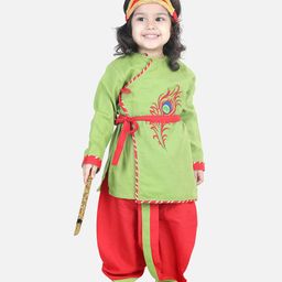 BownBee Janmashtami Theme Full Sleeves Peacock Feather Embroidered Lace Detailing Kanhaiya Kurta & Dhoti Pants Set With Mukut - Green-image-97