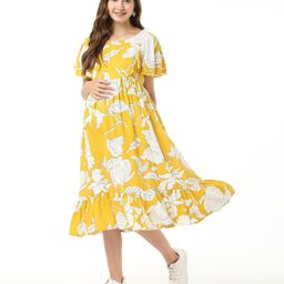 Bella Mama Woven Butterfly Sleeves Maternity Dress with Pocket Floral Print - Yellow-image-50