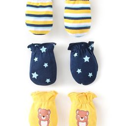 Babyhug 100% Cotton Knit Stars & Teddy Printed Mittens Pack of 3 - Yellow & Blue-16