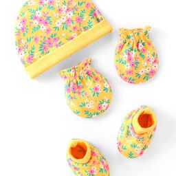 Babyhug 100% Cotton Knit Floral Printed Cap Mittens & Booties Set Yellow - Diameter 12.5 cm-image-69
