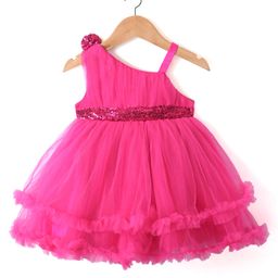 Babyhug Sleeveless Party Frock with Sequin & Frill Detailing - Fuchsia-image-99