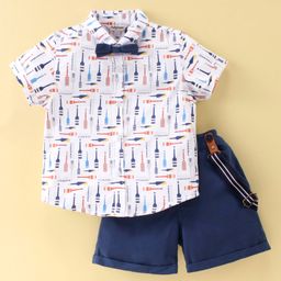 ToffyHouse Cotton Half Sleeves Paddle Printed Party Shirt & Shorts Set with Bow & Suspender - Navy Blue & White-picture-11