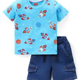 Babyhug Single Jersey Knit Half Sleeves T-Shirt & Denim Shorts Set with Rocket Print - Blue-image-25