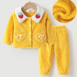 Kookie Kids Full Sleeves Winter Wear Night Suit With Strawberry  Print- Yellow-picture-2