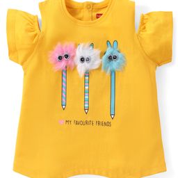 Babyhug Cotton Knit Half Sleeves Top With Fur Applique & Text Print - Orange-image-17