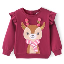 Babyhug Disney Cotton Knit Full Sleeves Sweatshirt With Reindeer Patch & Pom Pom Detailing - Maroon-image-11