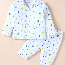 Ben Benny 100% Cotton Knit Full Sleeves Front Open Night Suit With Stars Print - Light Blue-image-39