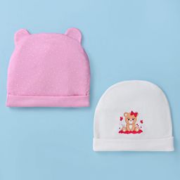 Doodle Poodle Interlock Knit Solid Color & Bear Printed Cap Pack of 2 Pink & White - Diameter 10 cm-image-82