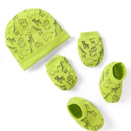 Doodle Poodle Interlock Cotton Knit Cap Mittens & Booties Set with Animals Print  -Green-15