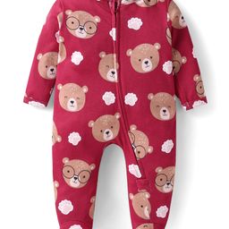 Babyhug Cotton Knit Full Sleeves Sleep Suit With Teddy Bear Print - Maroon-image-49