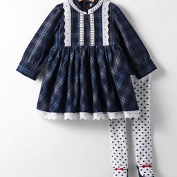 ToffyHouse Cotton Woven Full Sleeves Checkered Frock With Stockings & Lace Detailing - Navy Blue & White-image-47