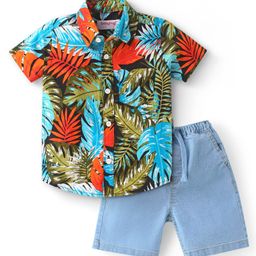 Babyhug Cotton Woven Half Sleeves Leaf Printed Shirt & Denim Shorts Set - Multicolor & Blue-image-24