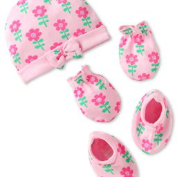 Babyhug 100% Cotton Knit Cap Mittens & Booties Set with Bow Applique & Floral Print Pink - Diameter 10 cm-image-46