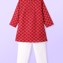 Babyhug Cotton Woven Full Sleeves Kurta & Pyjama Set With Square Embroidery - Red-image-85