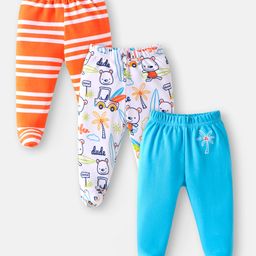 Babyhug Interlock Knit Bootie Leggings with Beach Theme Print & Stripes Pack of 3 - Orange White & Blue-image-52