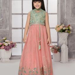 Tiny Kingdom Georgette Sleeveless Floral Embroided Sequins & Lace Embellished Lehenga Choli With Dupatta Set - Green-image-31