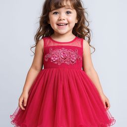 Babyhug Woven Sleeveless Mesh Party Dress with Floral Applique on Yoke - Dark Pink-image-13